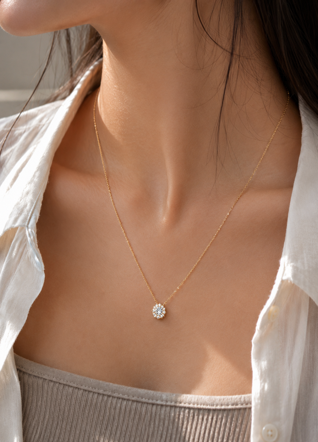 Orelva Celestial Spark crystal pendant necklace worn by model