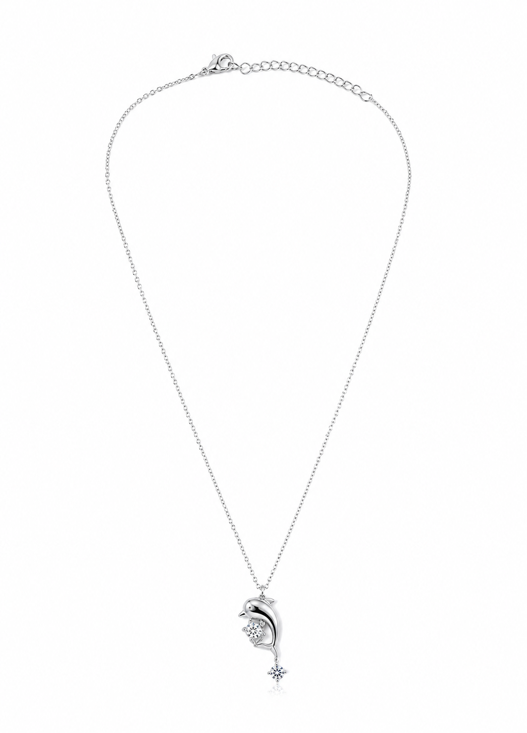 Minimalist dolphin charm necklace in a polished silver tone finish for everyday wear