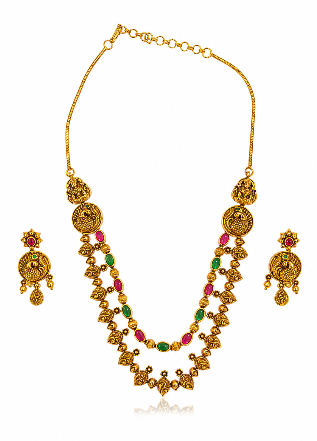 ORELVA traditional antique gold necklace and earrings set for weddings and festive occasions.