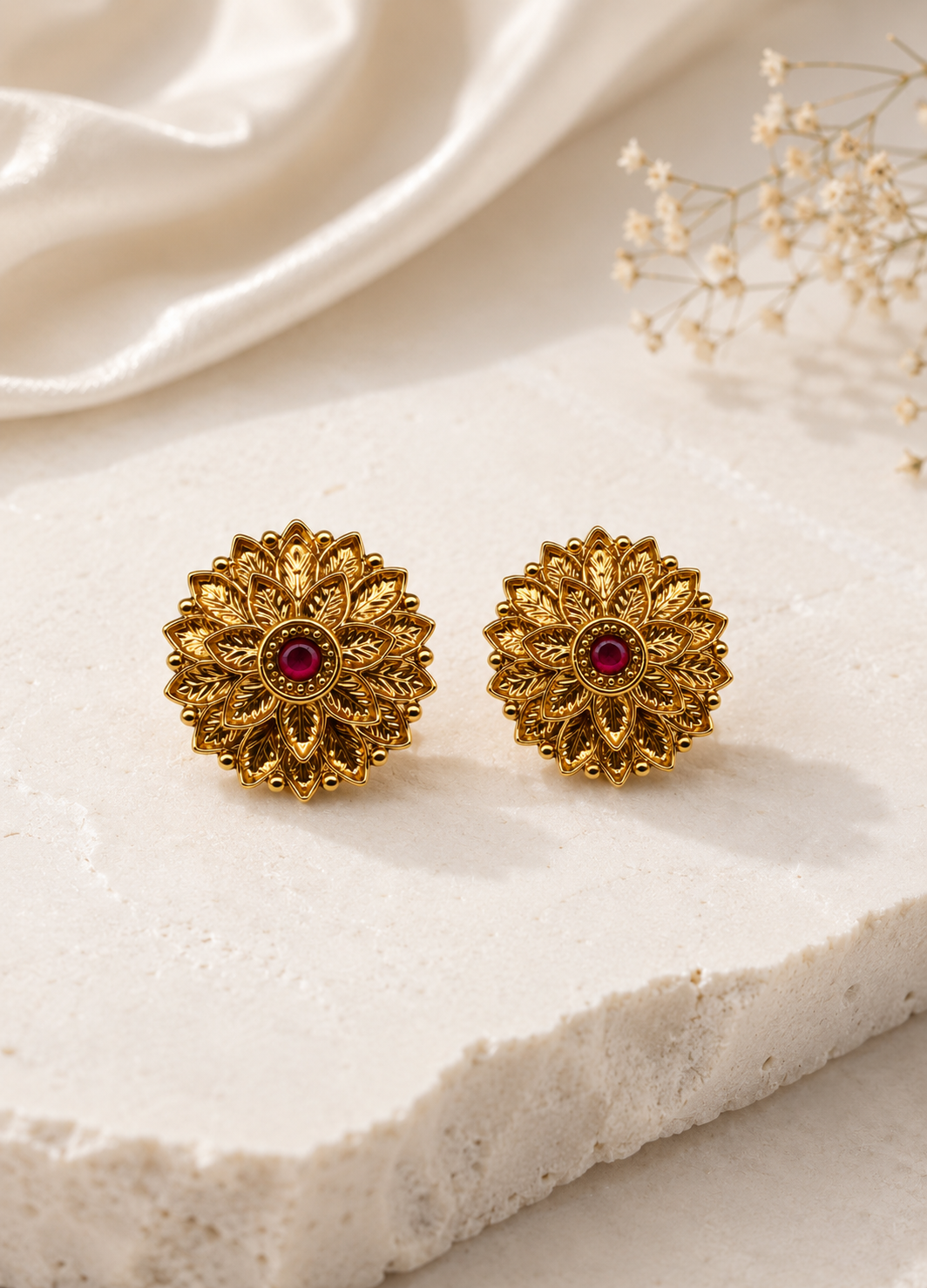 A pair of gold-toned floral stud earrings with a small red gemstone in the center, displayed on a textured white stone slab with draped cream fabric and small dried flowers in the background.