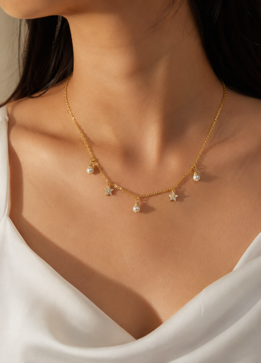 Orelva Gold Pearl and Star Charm Necklace for Women