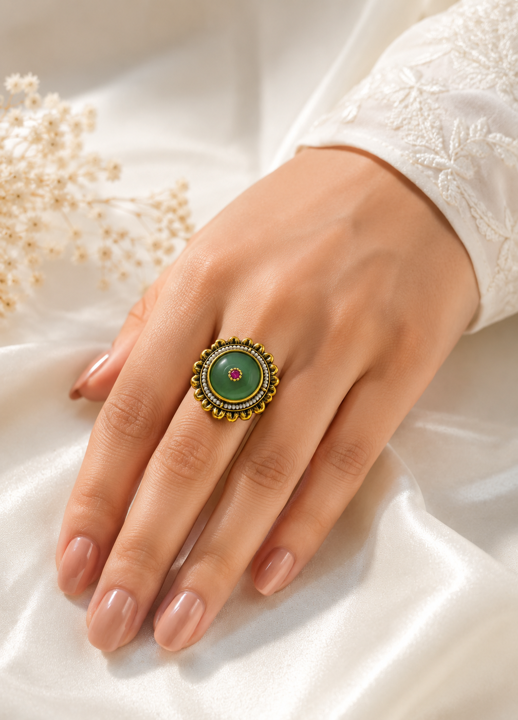 Woman wearing Orelva vintage green pearl adjustable statement ring with an elegant gold-tone finish.
