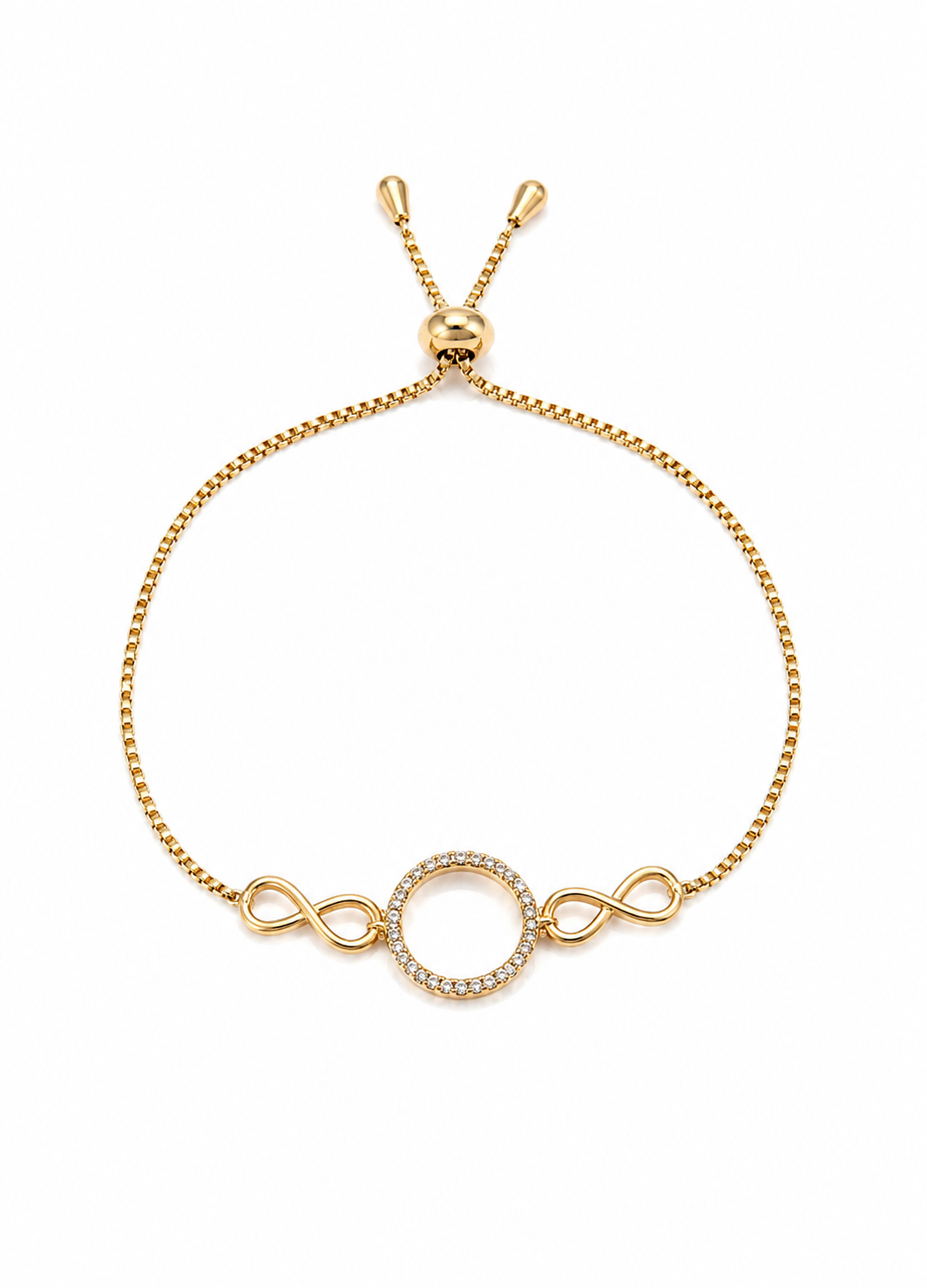 Front view of ORELVA Infinity Halo Adjustable Bracelet on a clean white background.