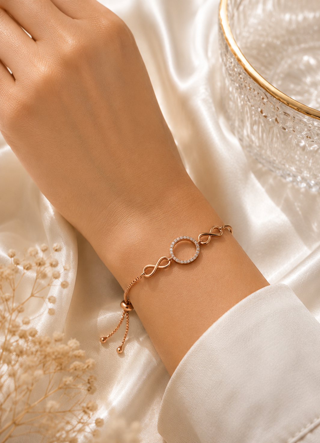 Woman wearing ORELVA Infinity Halo Rose Gold Adjustable Bracelet with sparkling crystal circle and infinity design.