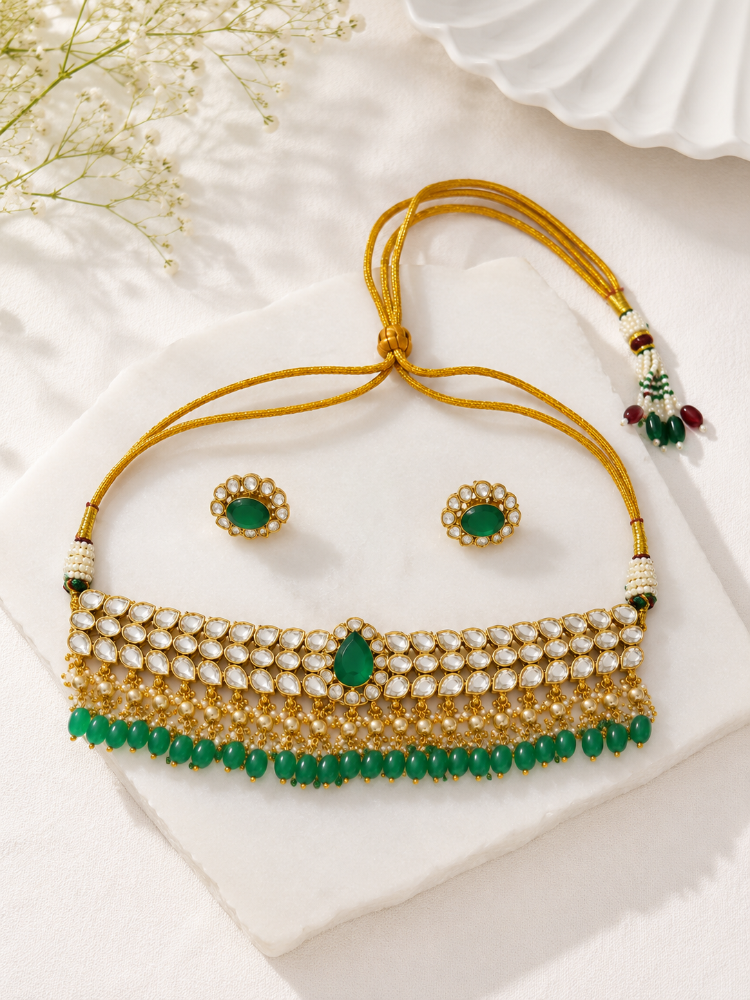 Traditional Green Kundan Bridal Choker Necklace Set for Women