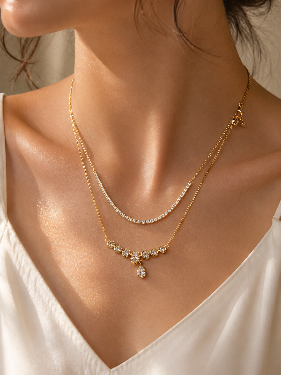 ORELVA Luxe Double Layer Rose Gold Crystal Necklace with sparkling crystal accents