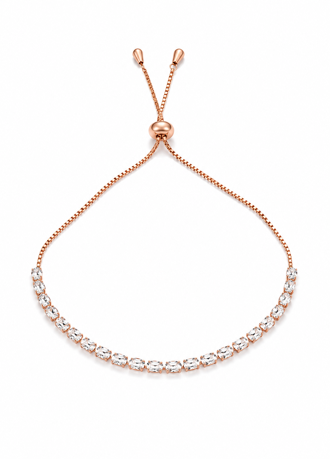Close-up view of Orelva luxury rose gold crystal tennis bracelet