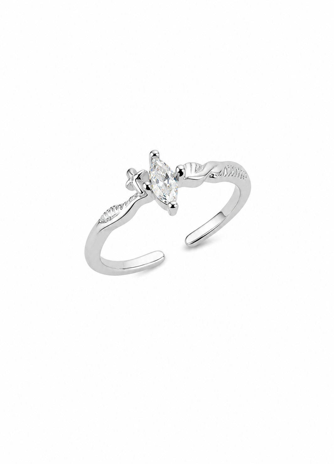 Front view of Orelva marquise-cut crystal adjustable silver ring for women