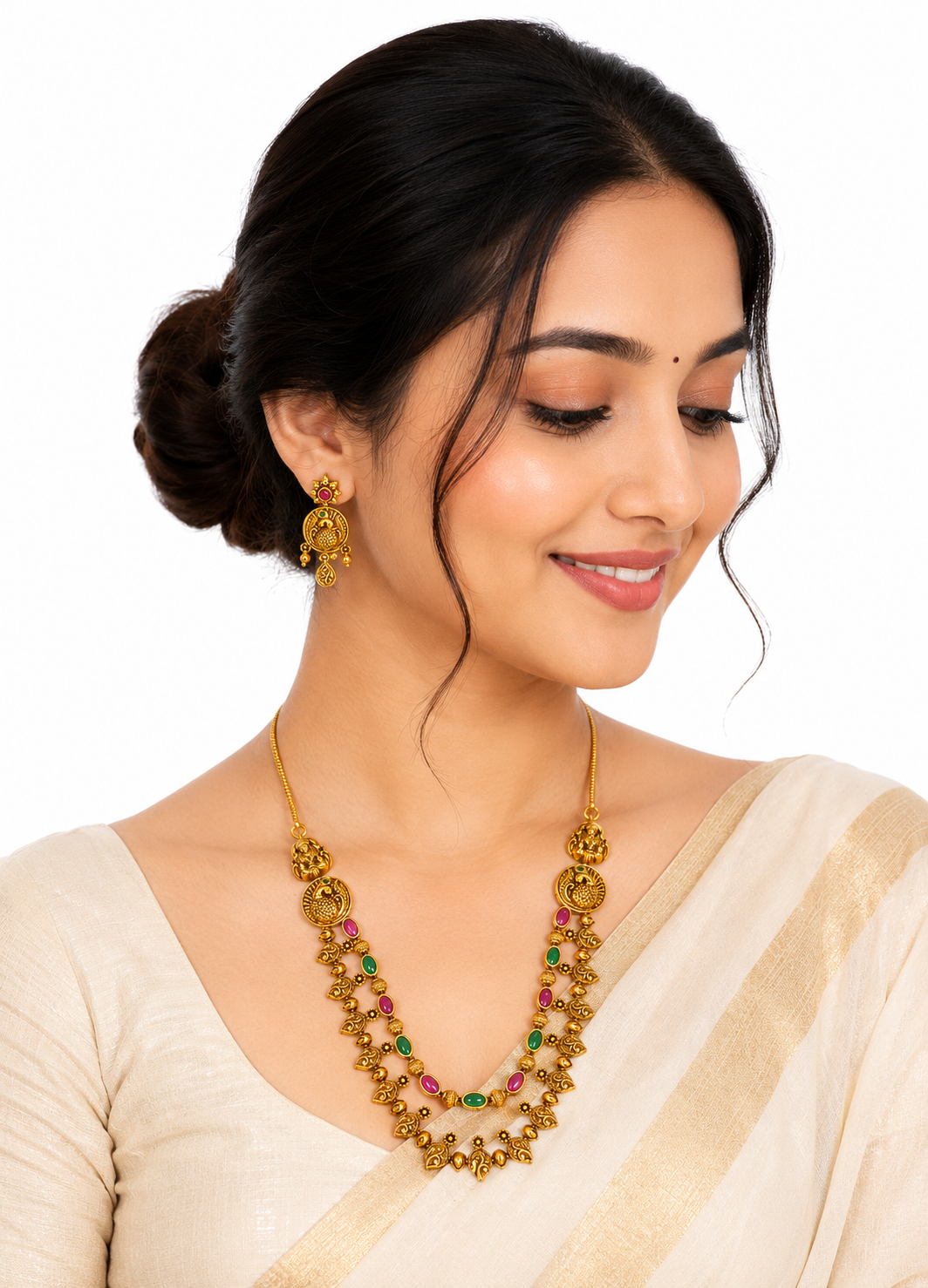 ORELVA antique gold peacock temple necklace set with matching earrings for women.