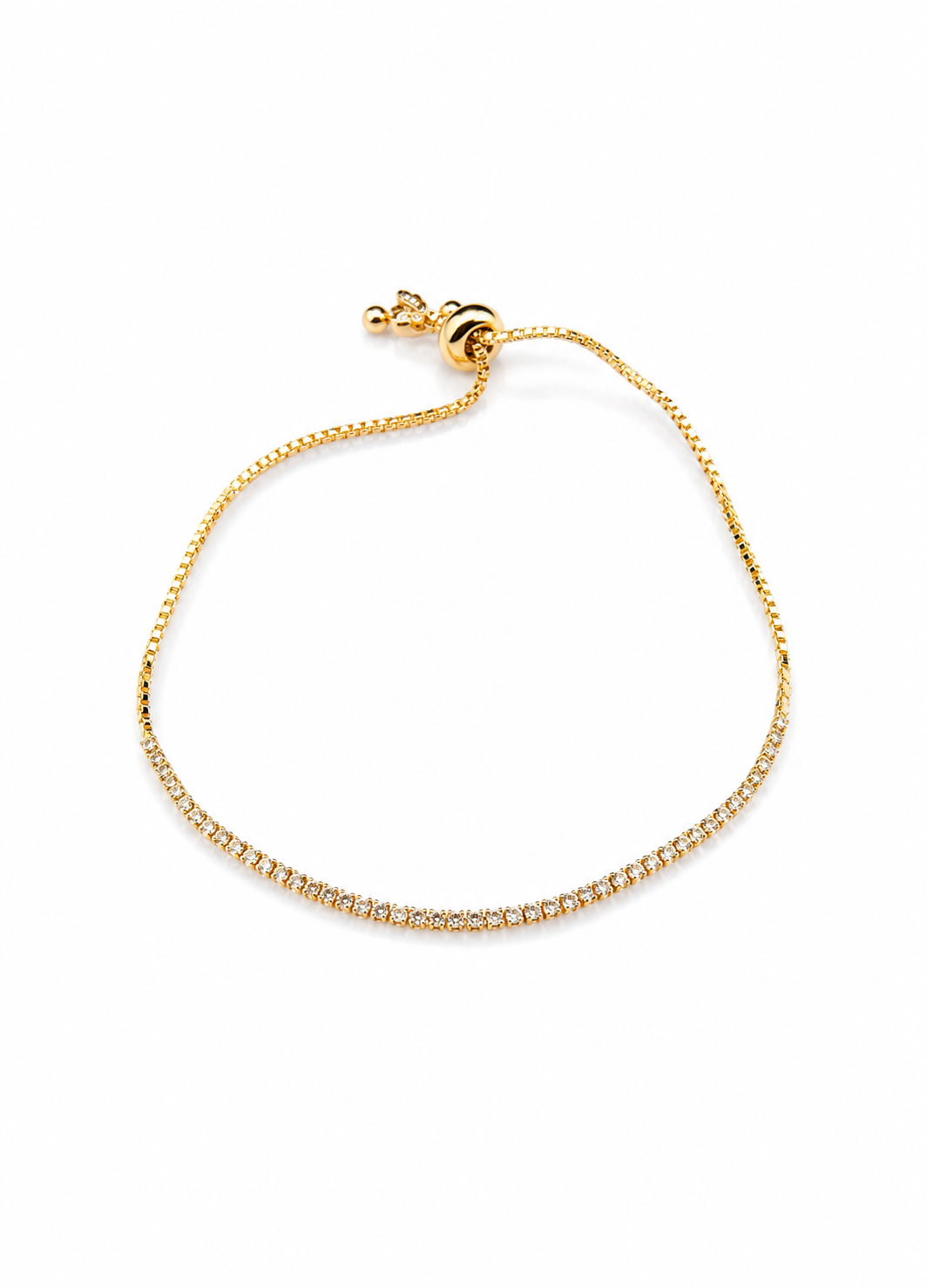 Close-up view of Orelva minimalist gold crystal tennis bracelet