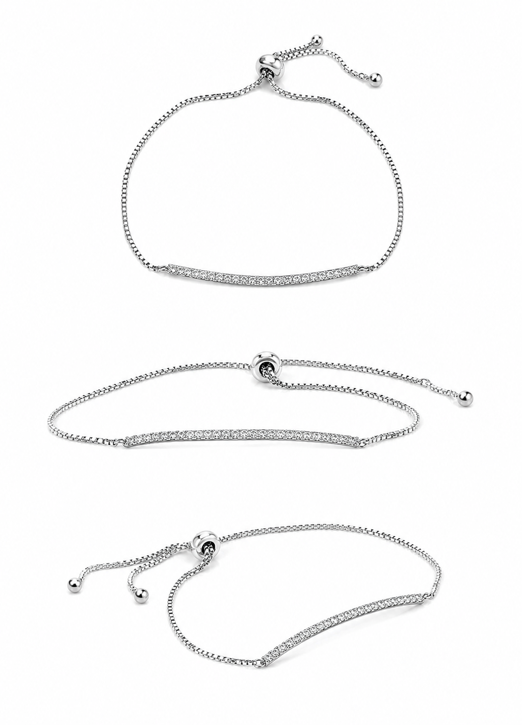 Close-up view of Orelva silver crystal bar bracelet with adjustable slider clasp