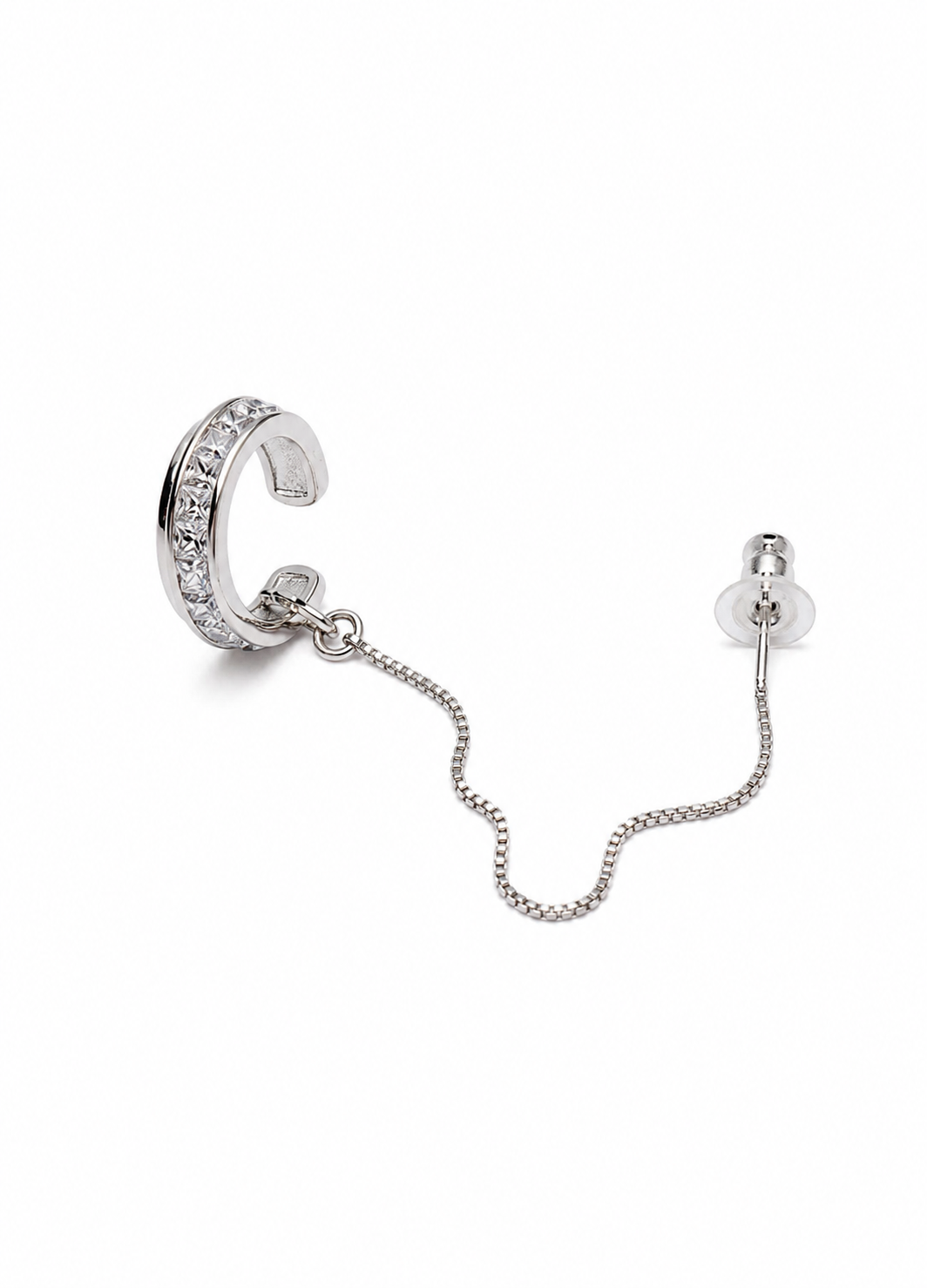Elegant silver chain ear cuff and stud earring for women featuring a minimalist contemporary design.