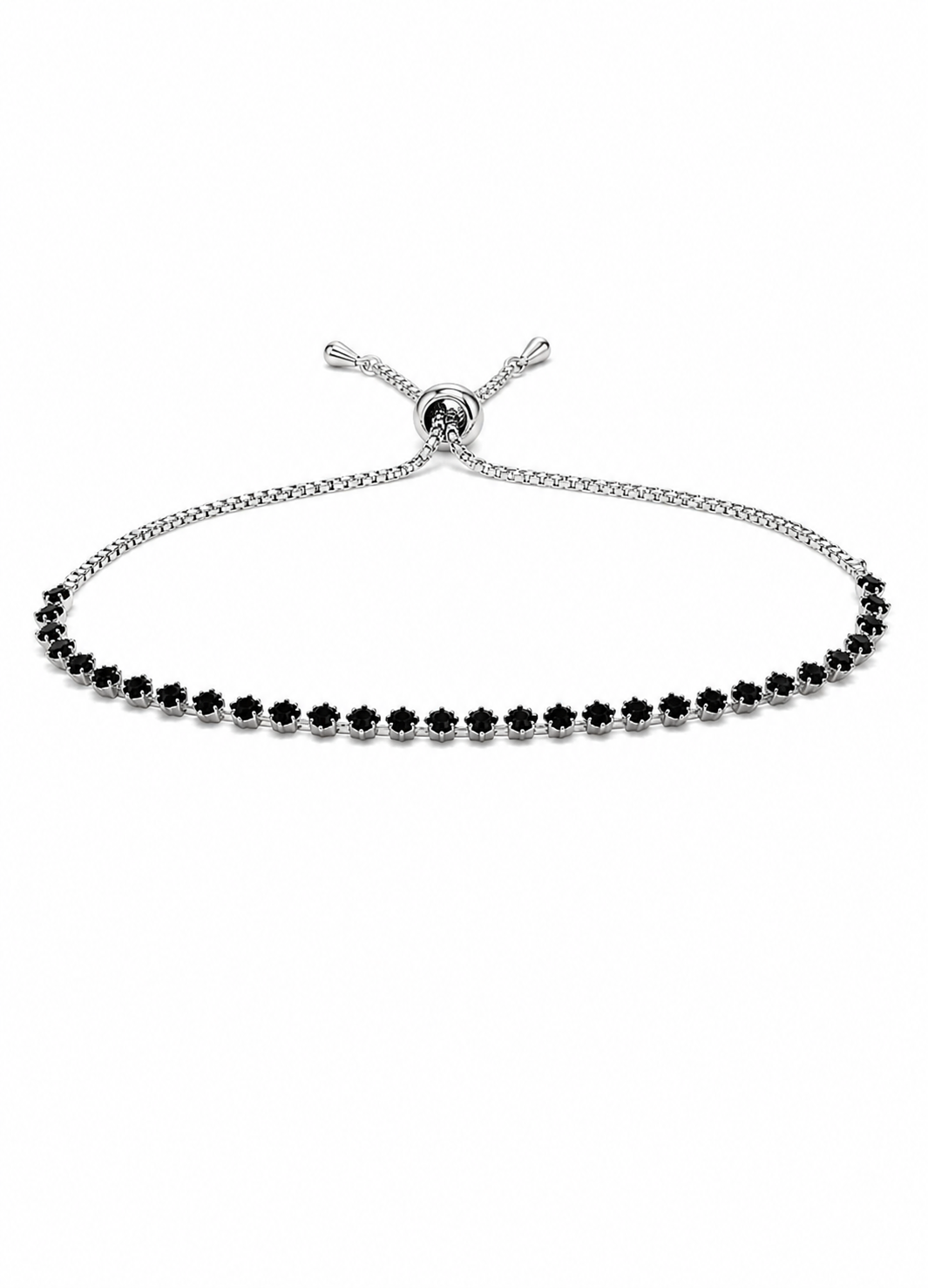 Elegant ORELVA Noir black crystal adjustable bracelet displayed on a white marble surface.