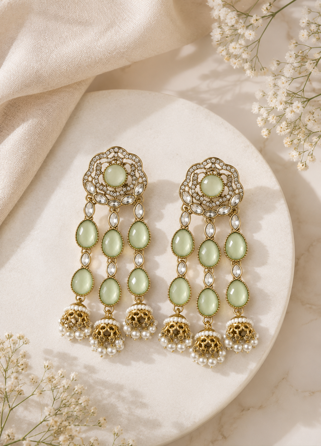 Gold-plated mint green Polki jhumka earrings with pearl drops on a decorative background.