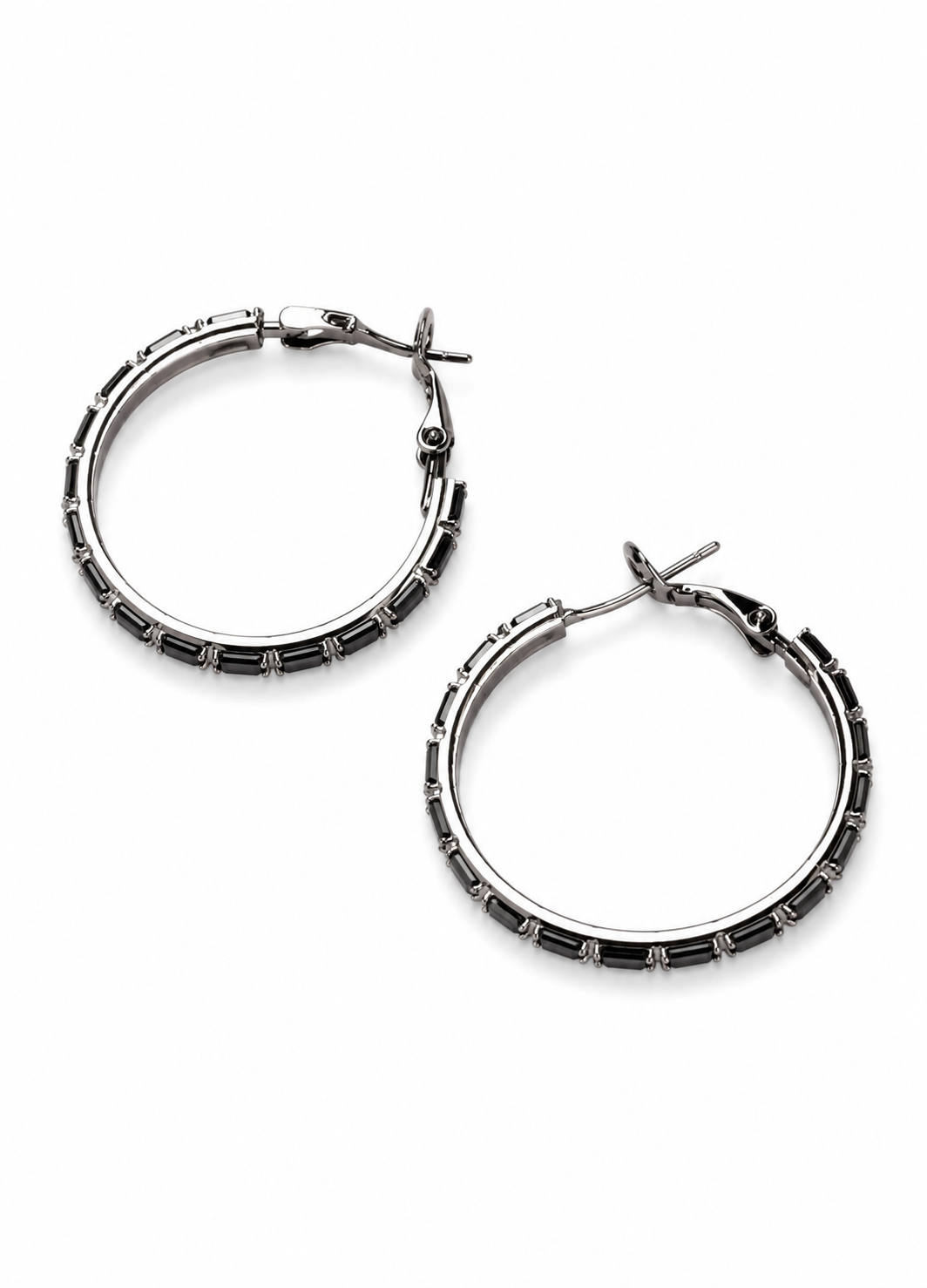 Close-up of Orelva black hoop earrings featuring sparkling black crystal stones.