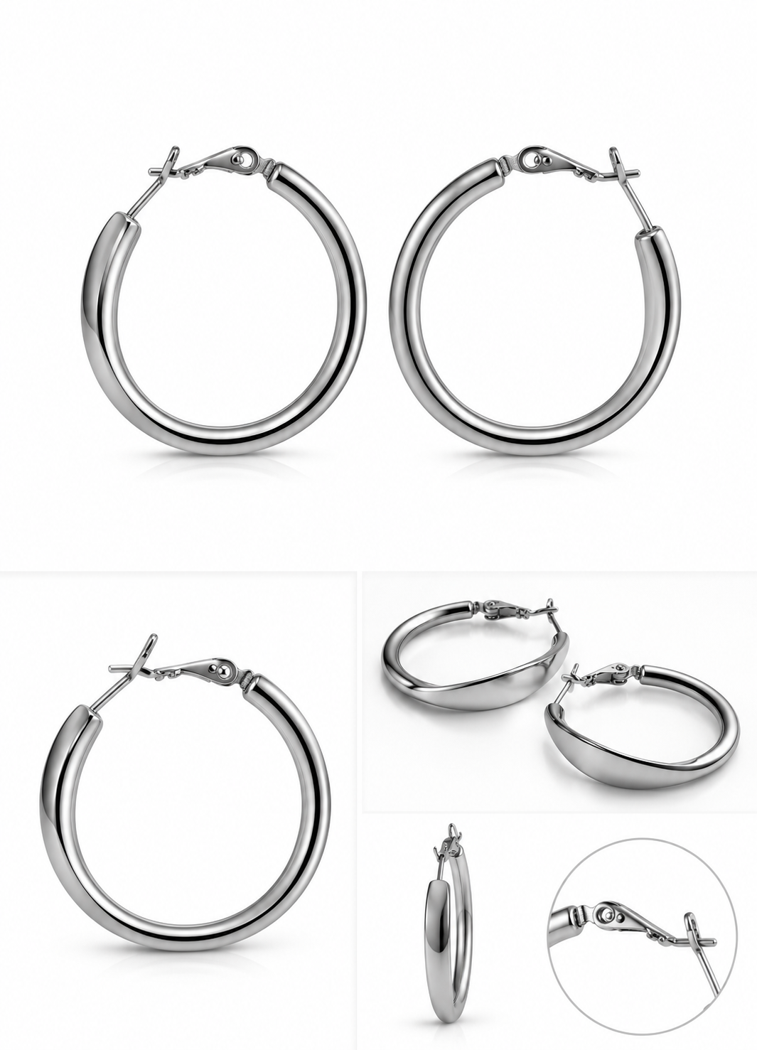 Close-up of Orelva minimalist stainless steel silver hoop earrings for women.