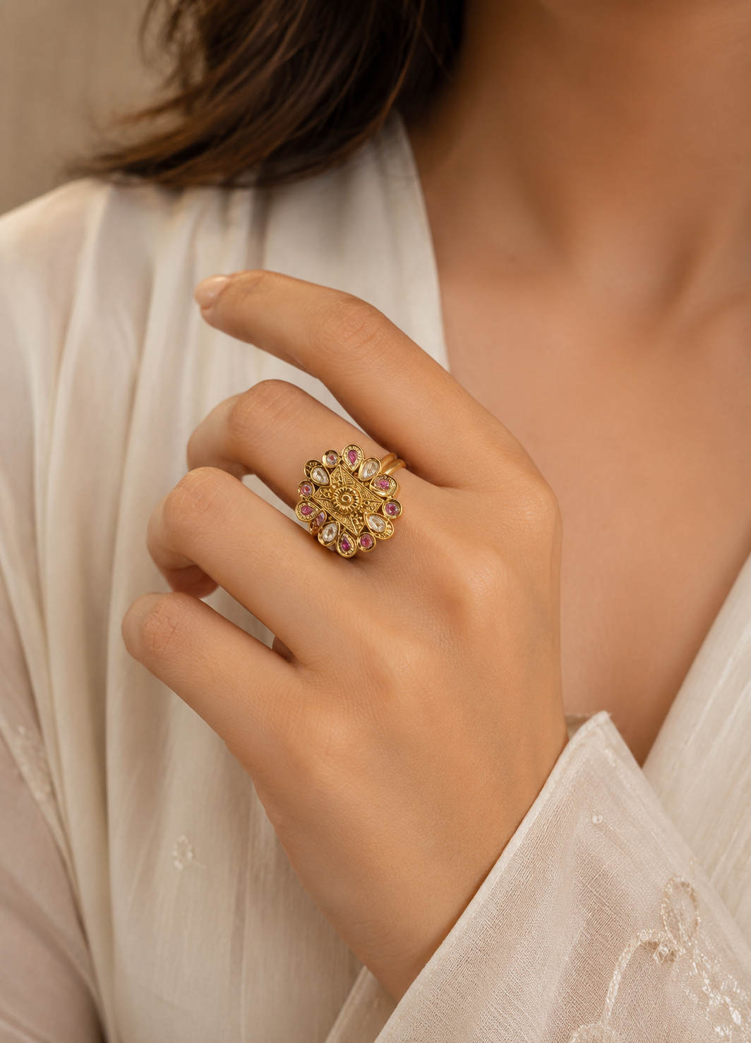 ORELVA Rajeshwari heritage adjustable gold-plated ring worn by a woman featuring Kundan-style crystals and ruby-inspired stones.