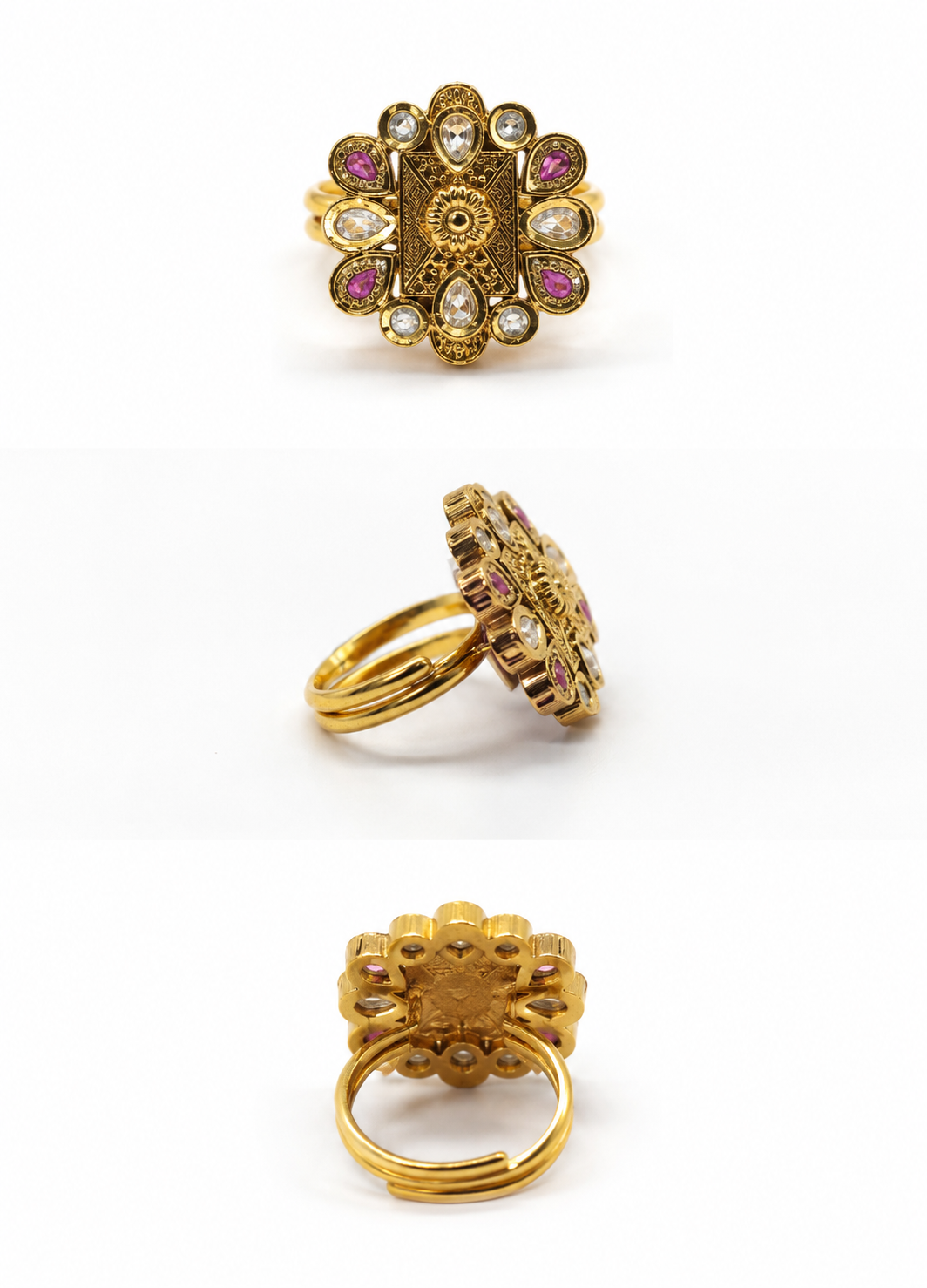 Front, side and back view of ORELVA Rajeshwari heritage adjustable gold-plated ring with Kundan-style crystal and ruby-inspired stones.