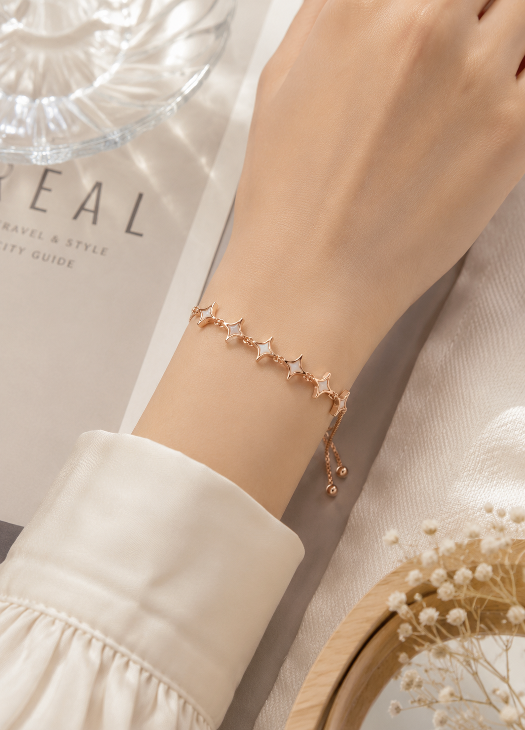 Orelva rose gold star charm adjustable bracelet for women
