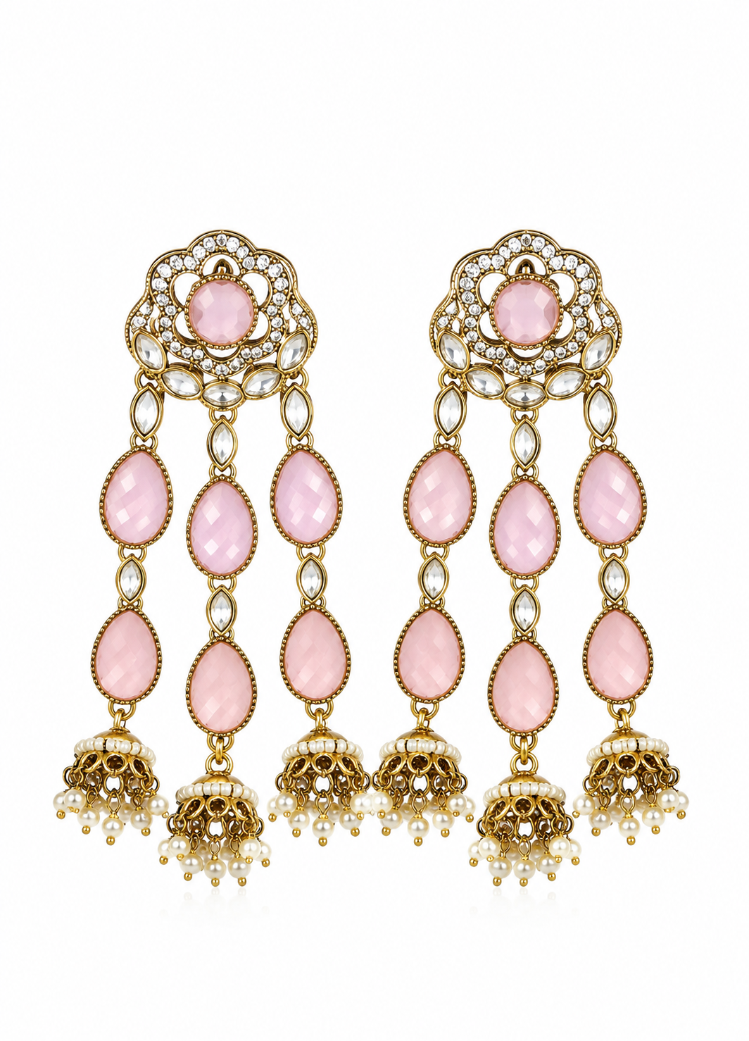 Front view of ORELVA Roselle blush pink Polki jhumka earrings featuring pearl jhumka detailing.
