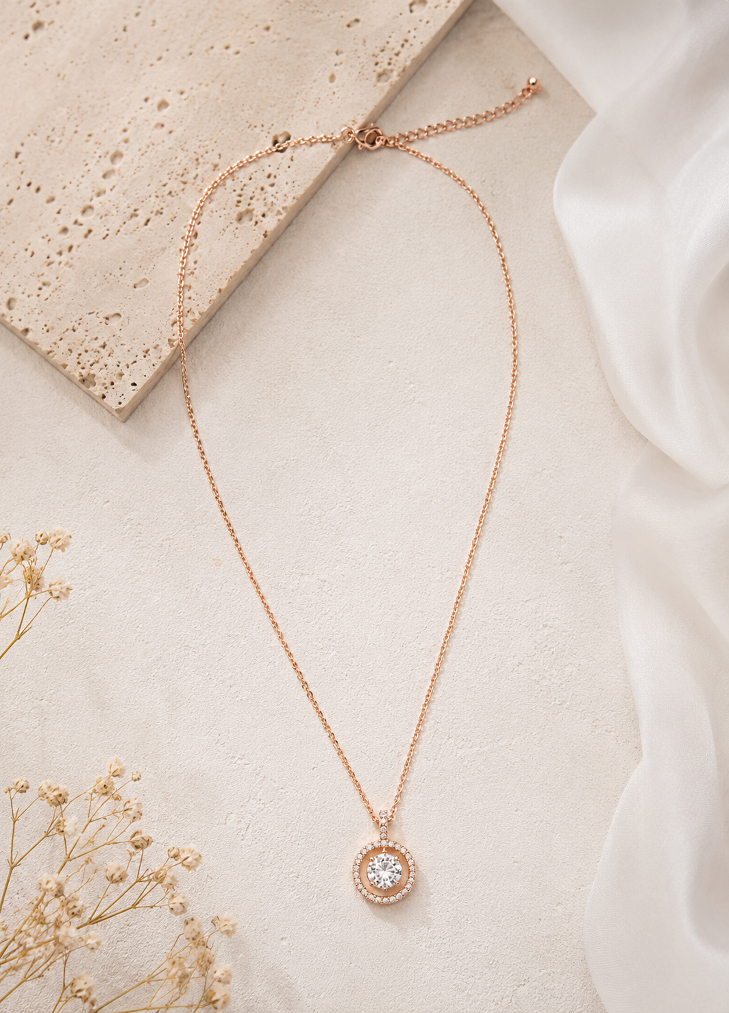 Elegant Rose Gold Necklace with Round Crystal Halo Pendant