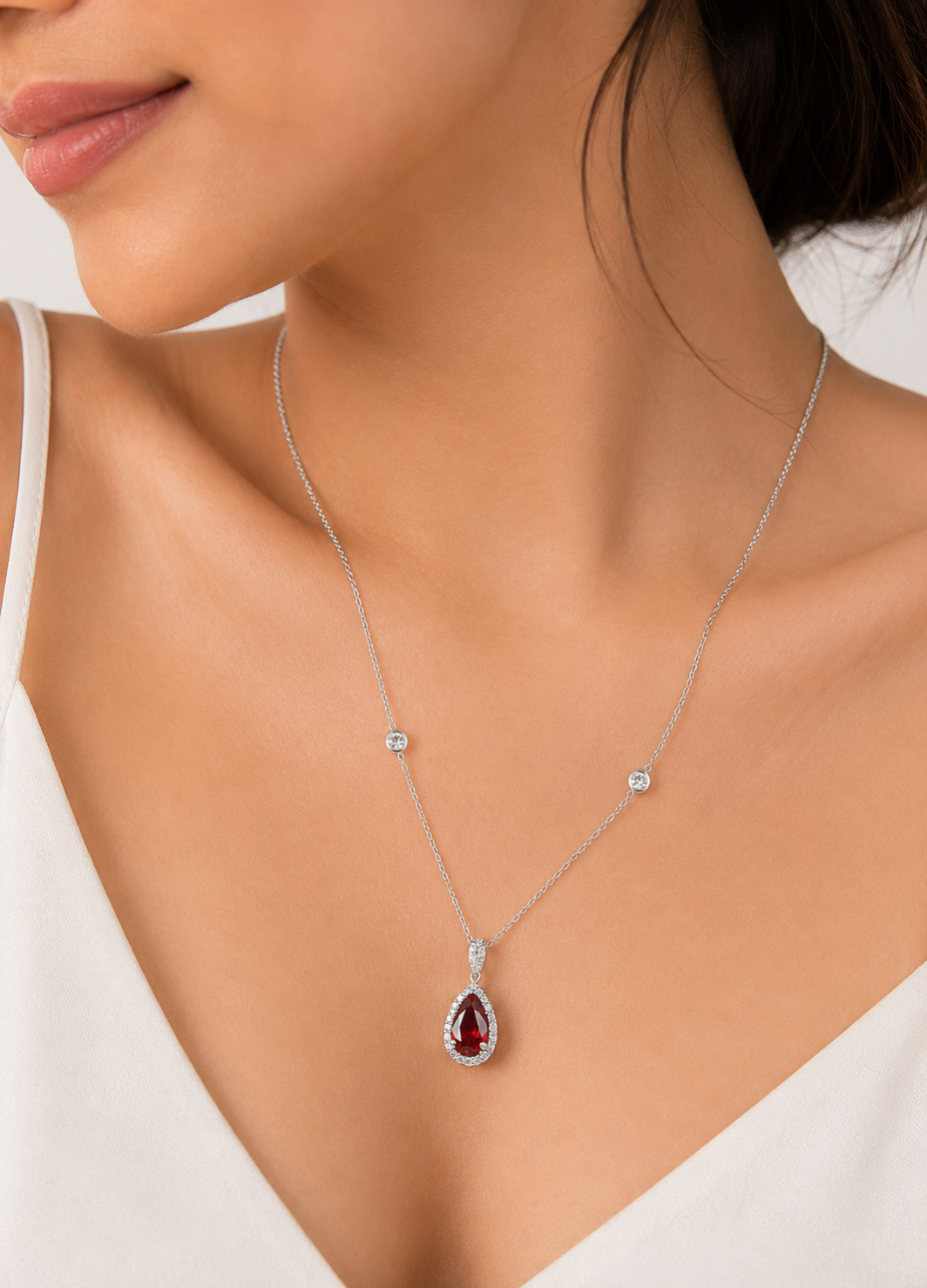 ORELVA Ruby Drop Halo 925 Sterling Silver Necklace featuring a red teardrop crystal with sparkling halo stones.