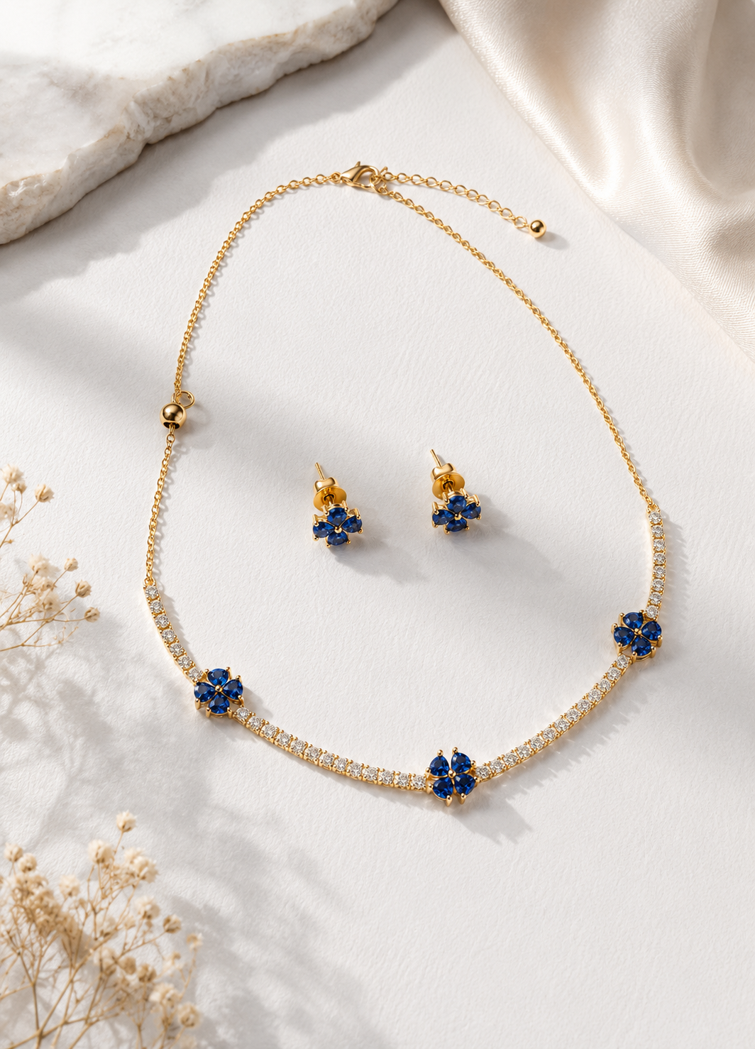Gold Sapphire Clover Necklace Set with American Diamond Accents by ORELVA
