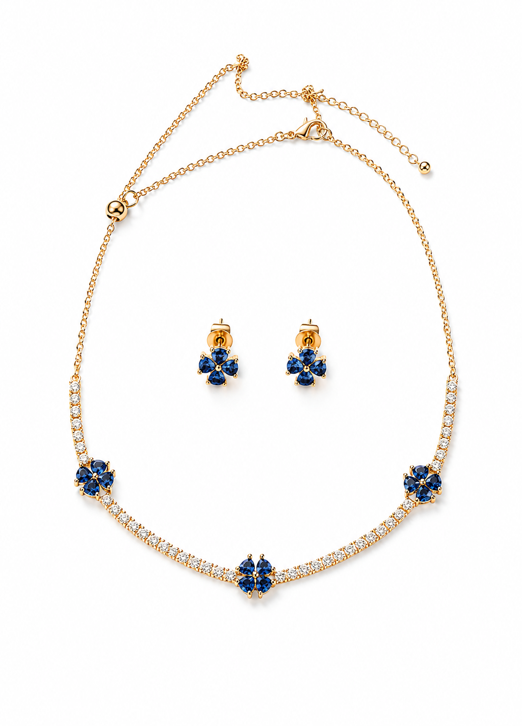 ORELVA Gold Sapphire Clover Necklace Set with Matching Stud Earrings on White Background