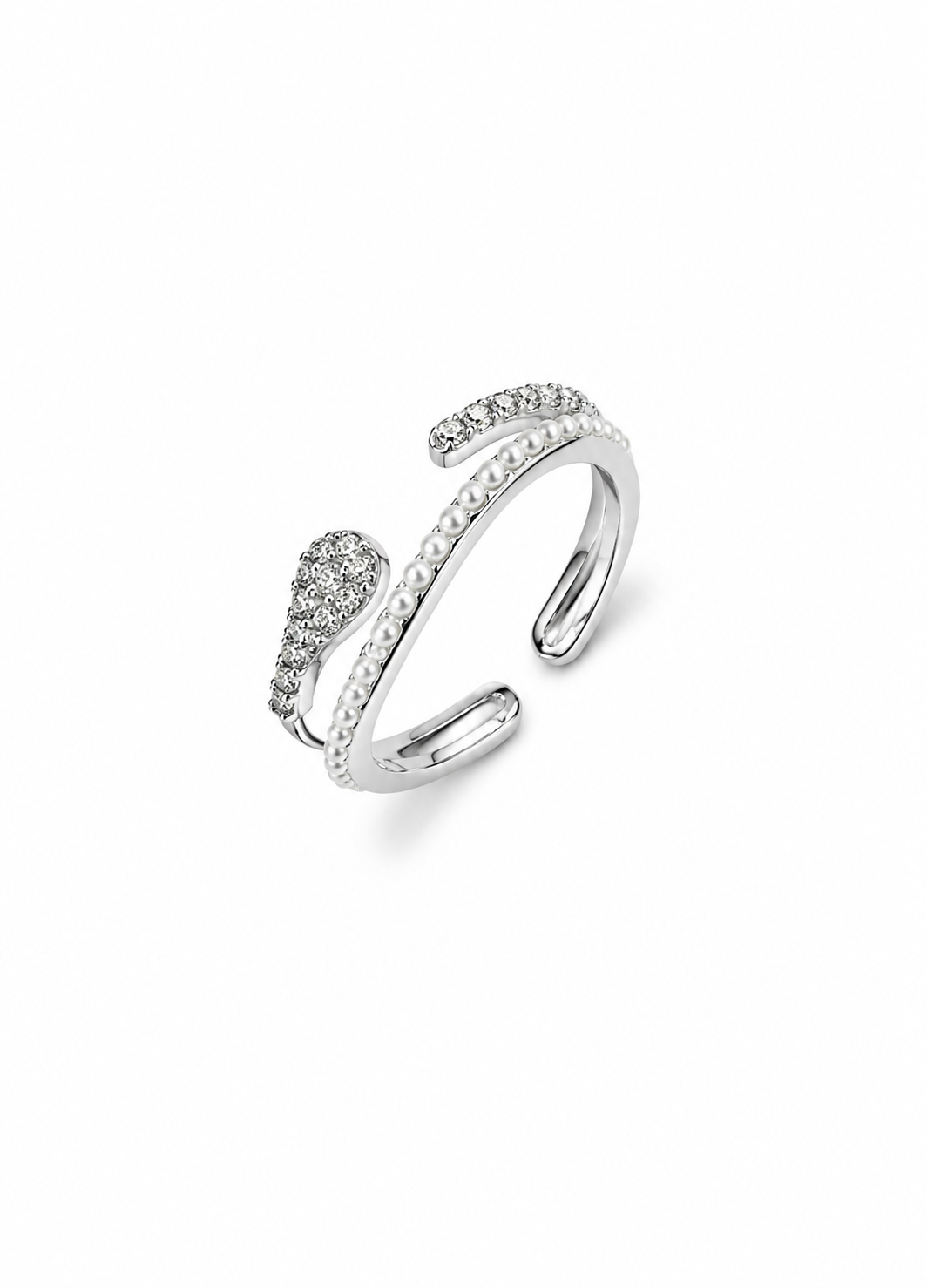 Front view of Orelva pearl and crystal adjustable silver ring for women