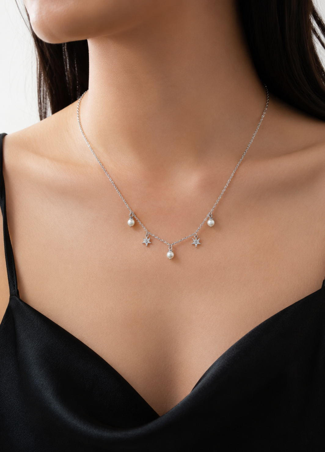 Orelva Silver Pearl and Star Charm Necklace for Women