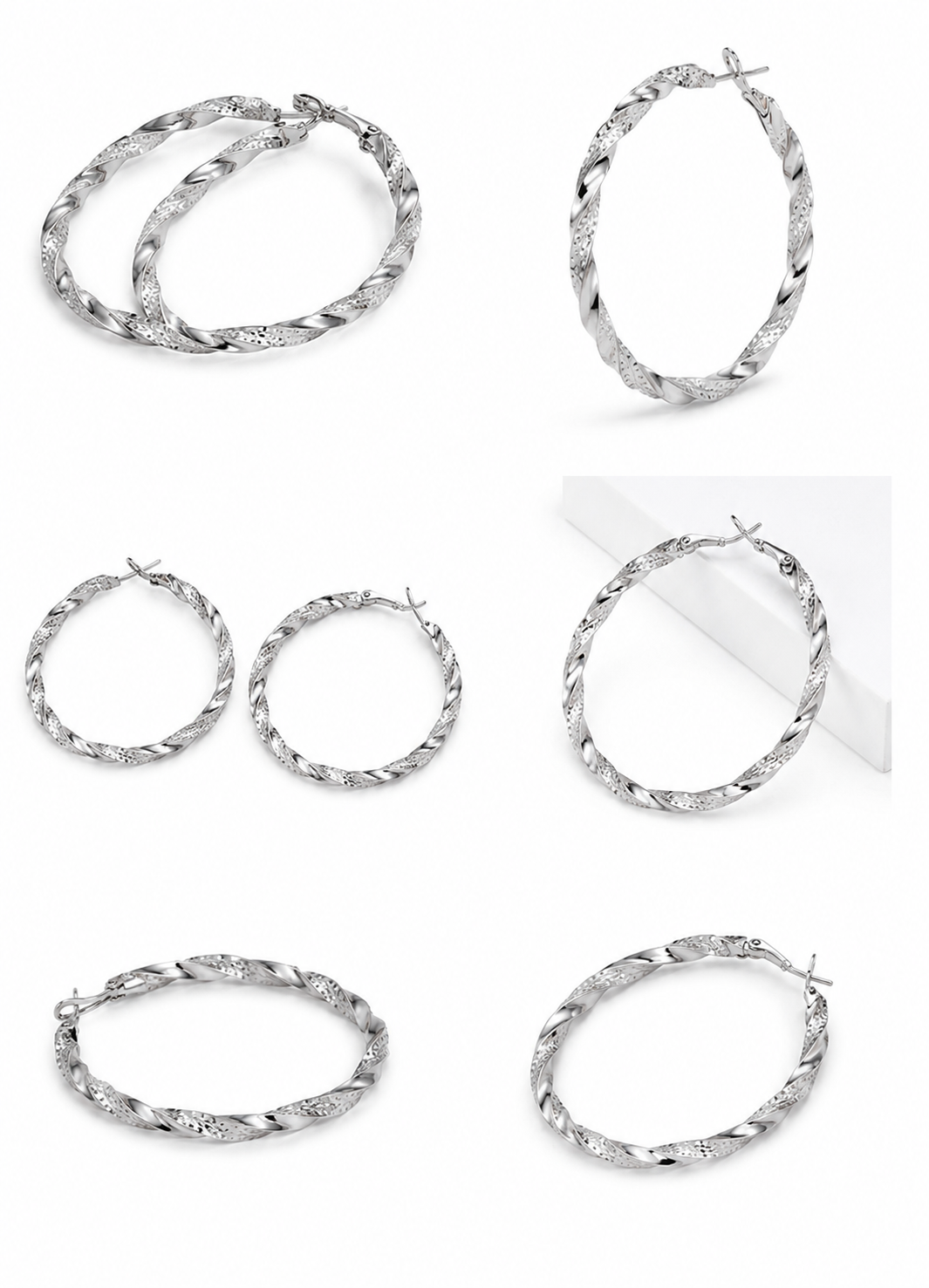 Close-up view of Orelva textured silver hoop earrings featuring a polished twisted spiral finish.