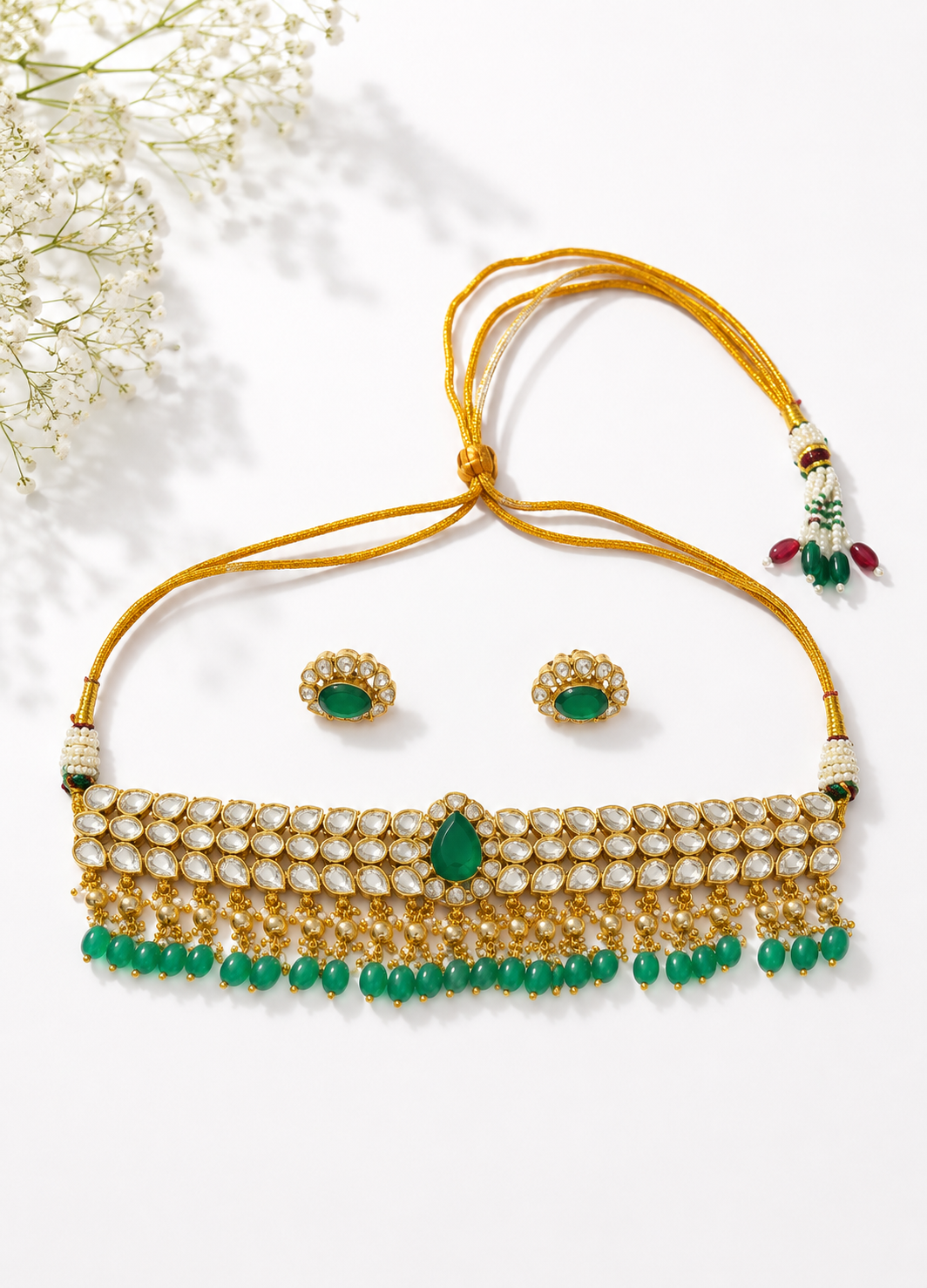 Elegant Pearl and Emerald Green Kundan Jewellery Set by Orelva