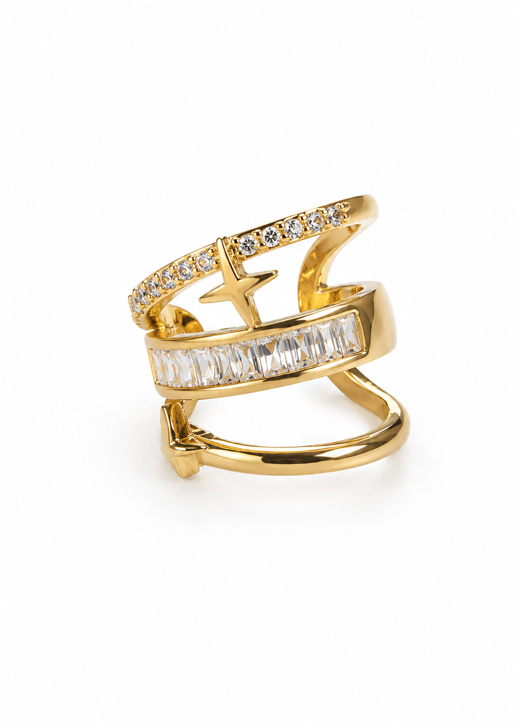 Close-up of Orelva gold-plated triple band adjustable ear cuff with baguette and round CZ stones