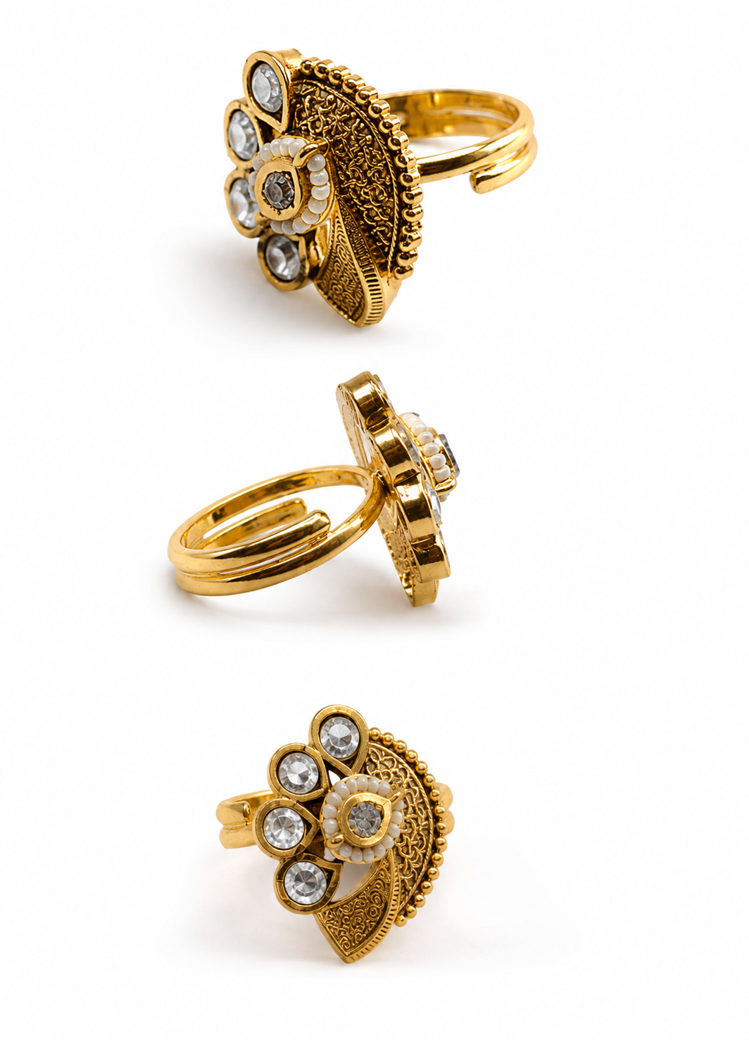 Front and side view of ORELVA Varnika floral gold-plated adjustable Kundan ring on a clean white background.