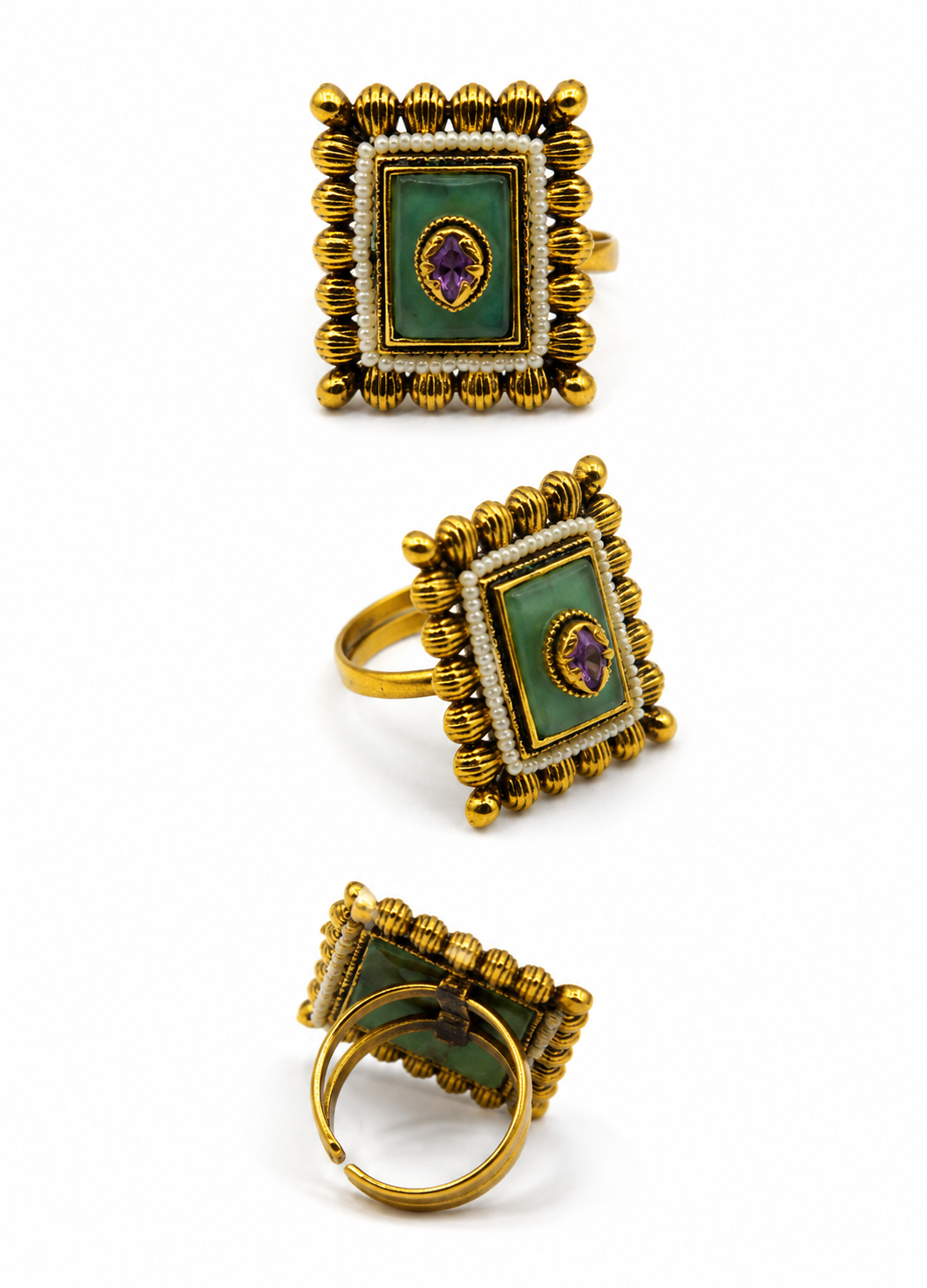 Front, side, and back view of Orelva vintage adjustable statement ring with emerald green stone and antique gold finish.