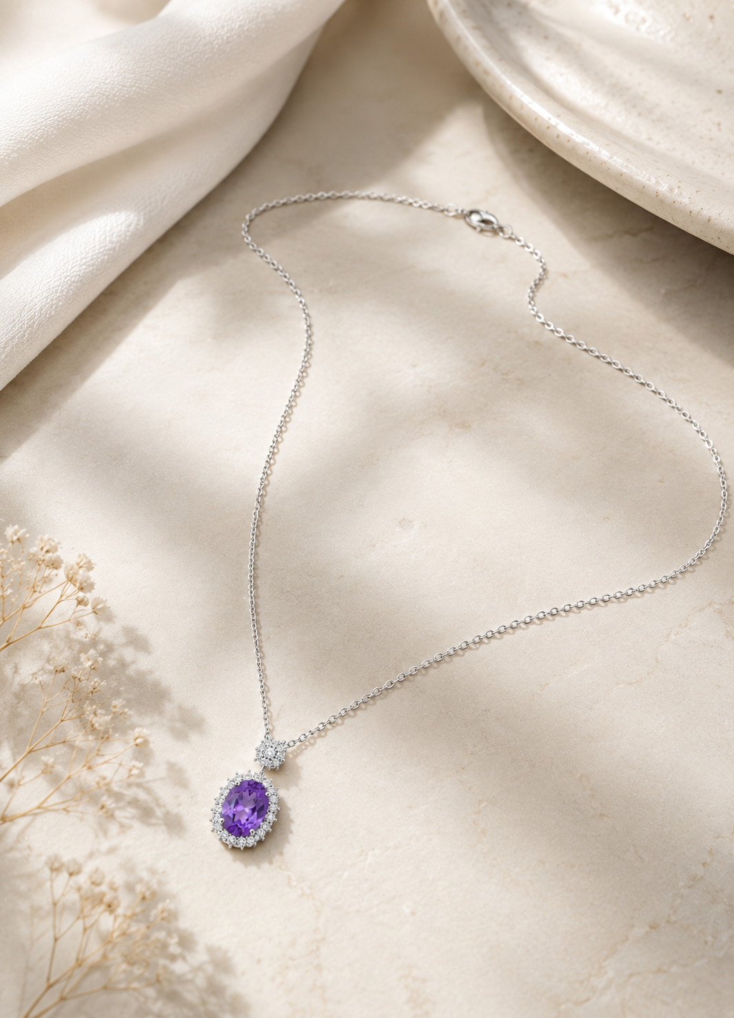 ORELVA Violet Halo 925 Sterling Silver pendant necklace displayed in a premium lifestyle setting with elegant styling.