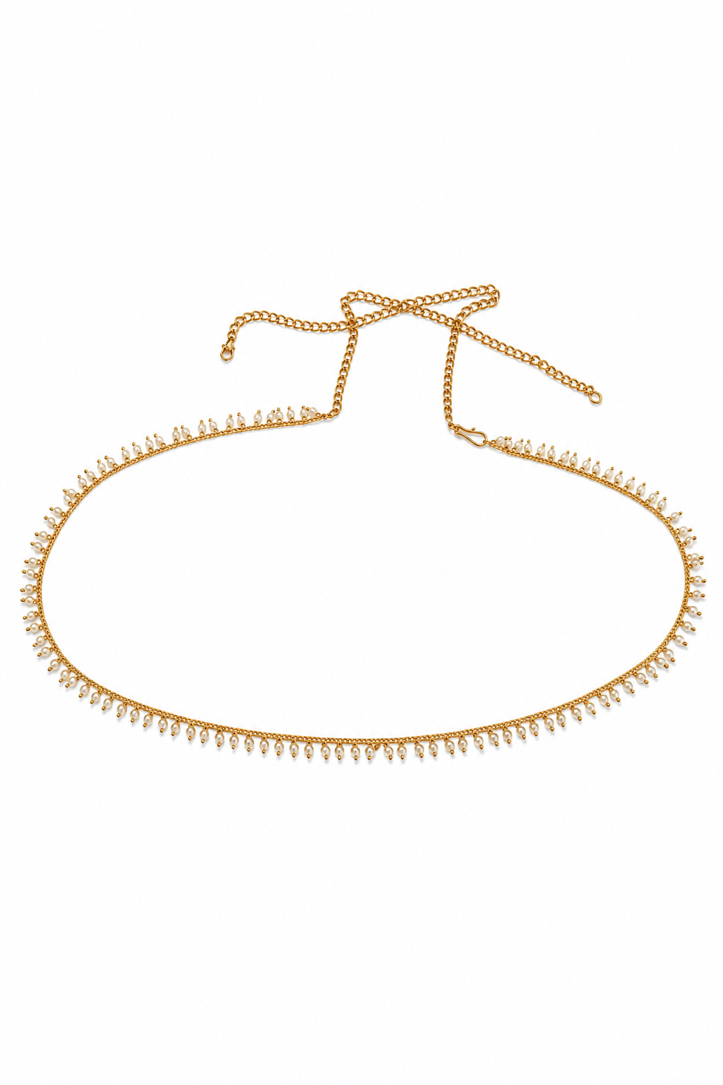 Adjustable gold pearl kamarband isolated on white background for Shopify jewelry product listing.