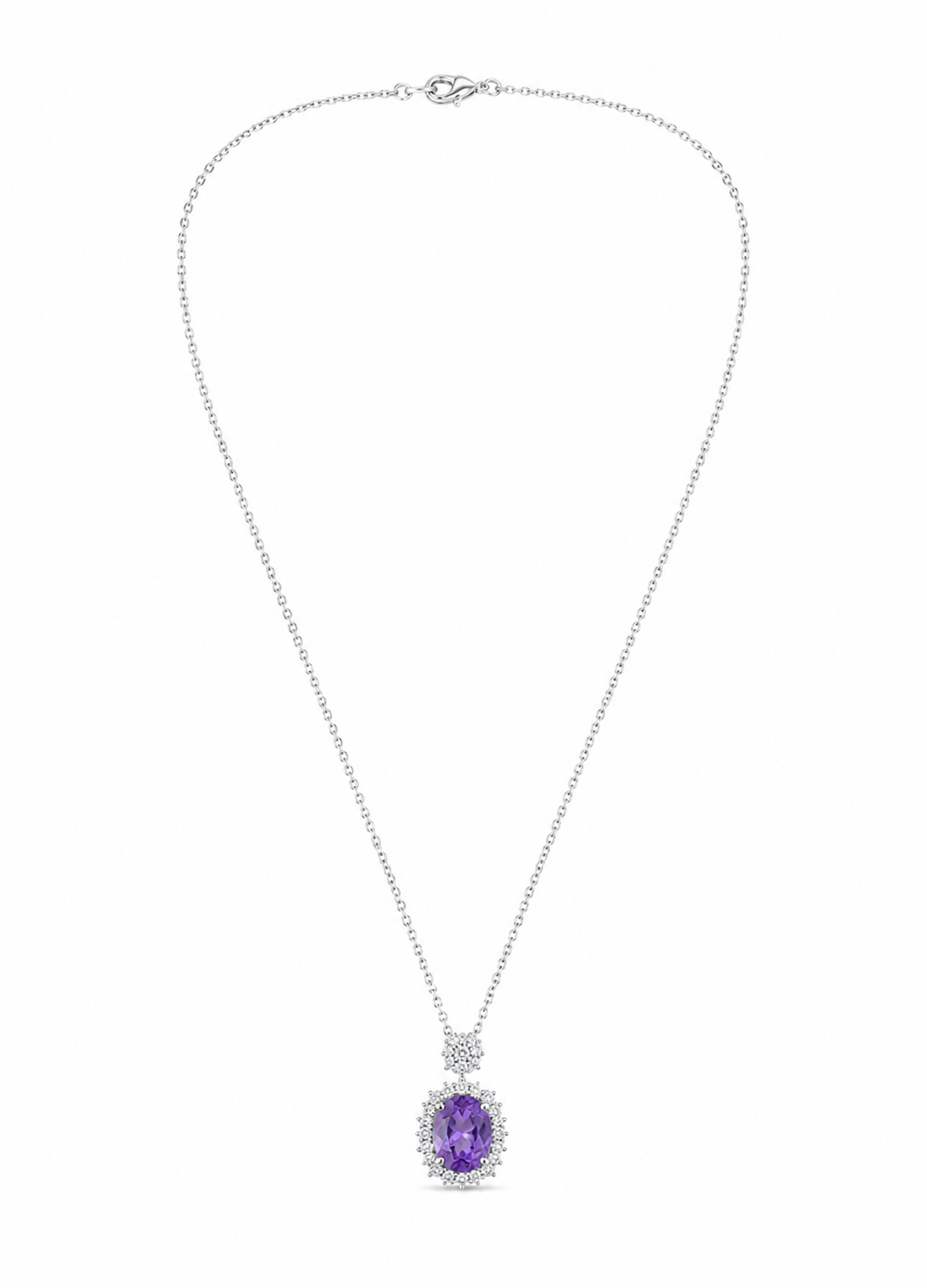 Close-up of a 925 Sterling Silver necklace featuring an oval purple gemstone surrounded by brilliant cubic zirconia.