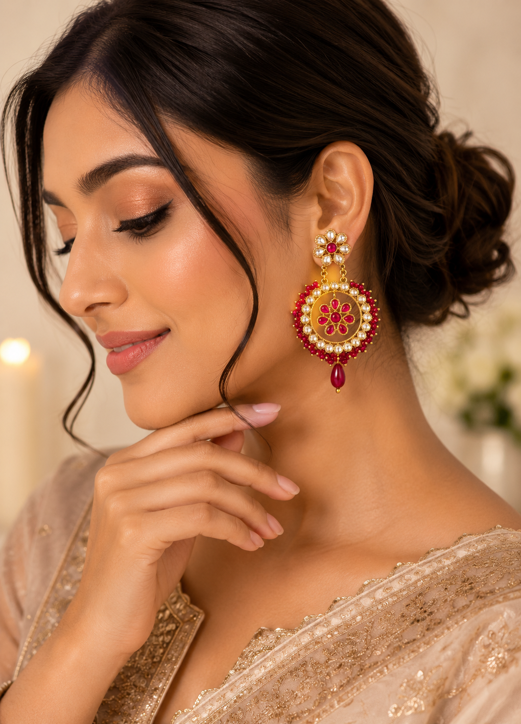 Model wearing Ruhani ruby floral Kundan Chandbali earrings with gold finish for wedding and festive occasions.