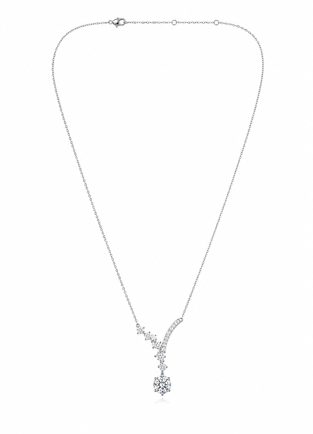 Close-up of a 925 sterling silver necklace with a curved crystal design and brilliant solitaire drop pendant.